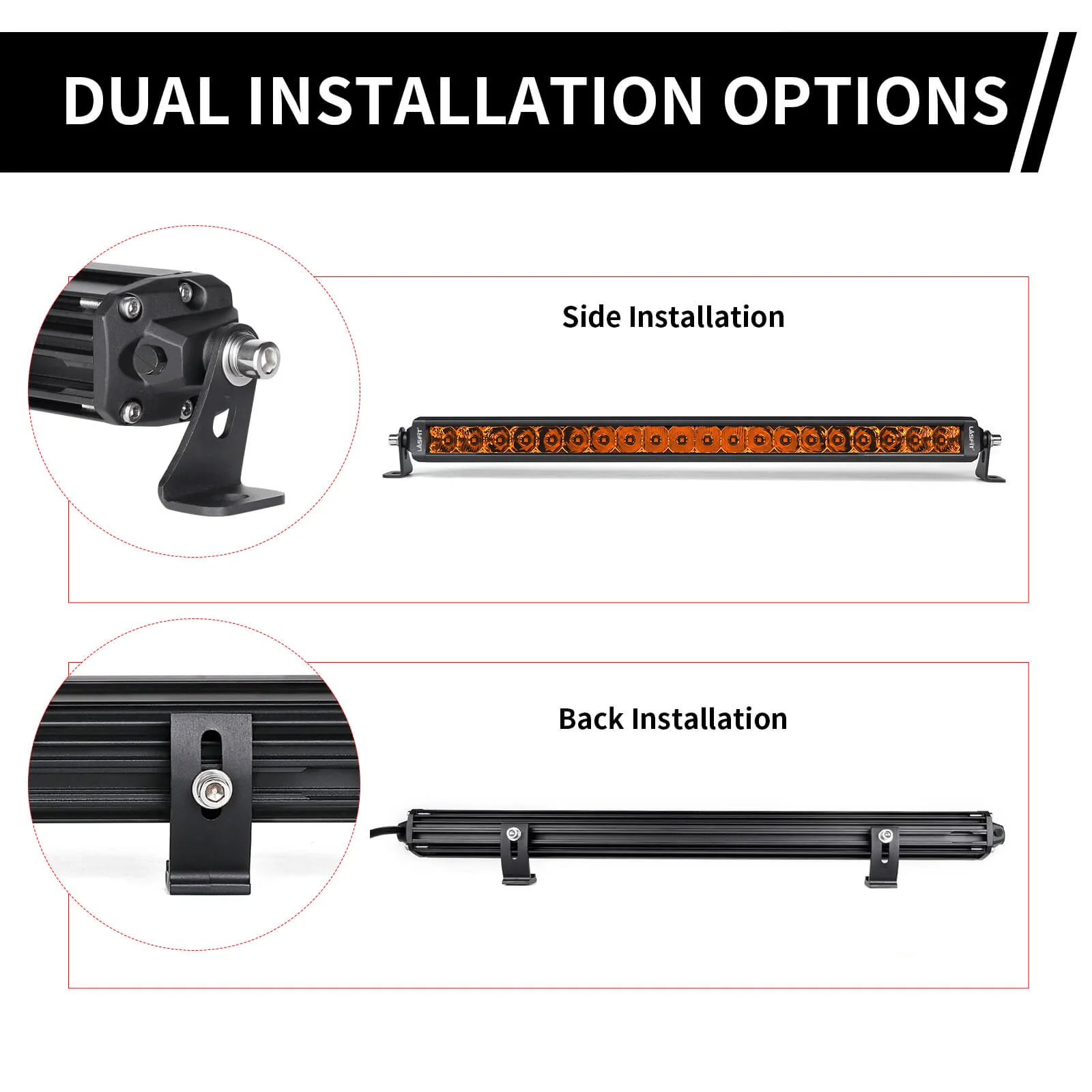 Lasfit 52" Off-Road LED Amber Light Bar With Slim Single Row Combo Flood Spot Design | Roof Rack Windshield Mount - Image 19